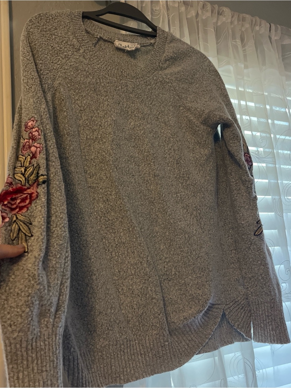 Cloud Chaser Gray Crewneck Sweater with Floral Embroidered Sleeves